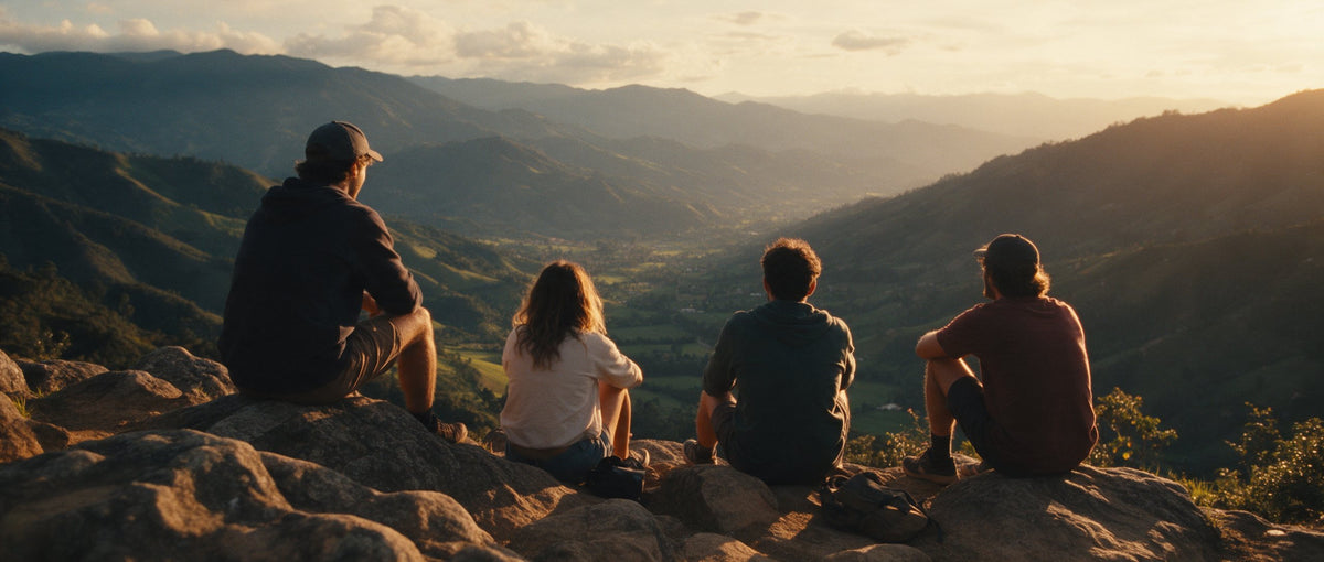 Cuatro amigos en un mirador de los Andes