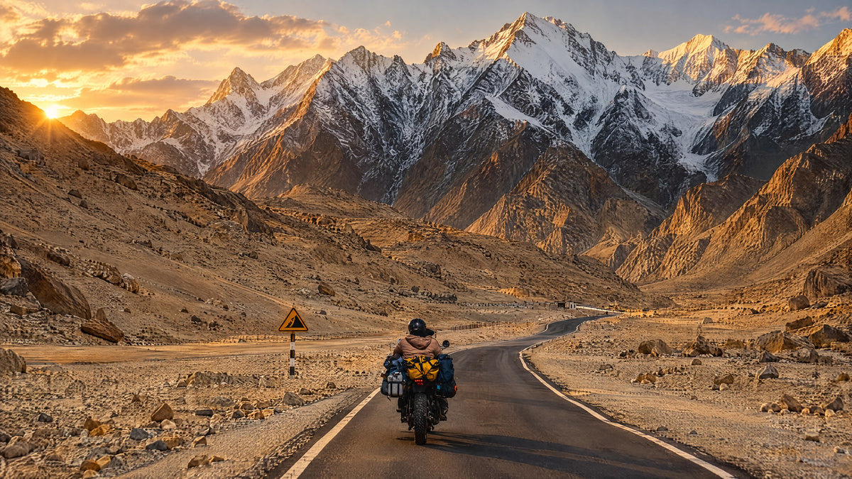 Motociclista en una carretera de montaña nevada